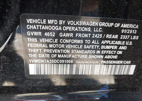 2013 Volkswagen Passat 2.0L Tdi Sel Premium z USA, uszkodzony, nr VIN 1VWCN7A35DC091008